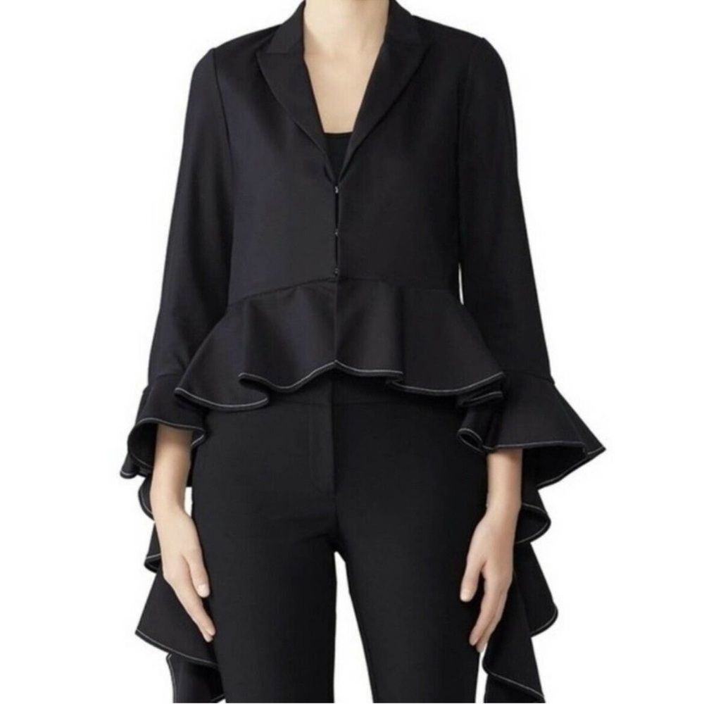 Alexis Black Adelle Ruffle Peplum Statement Jacket Blazer White Piping Size XS